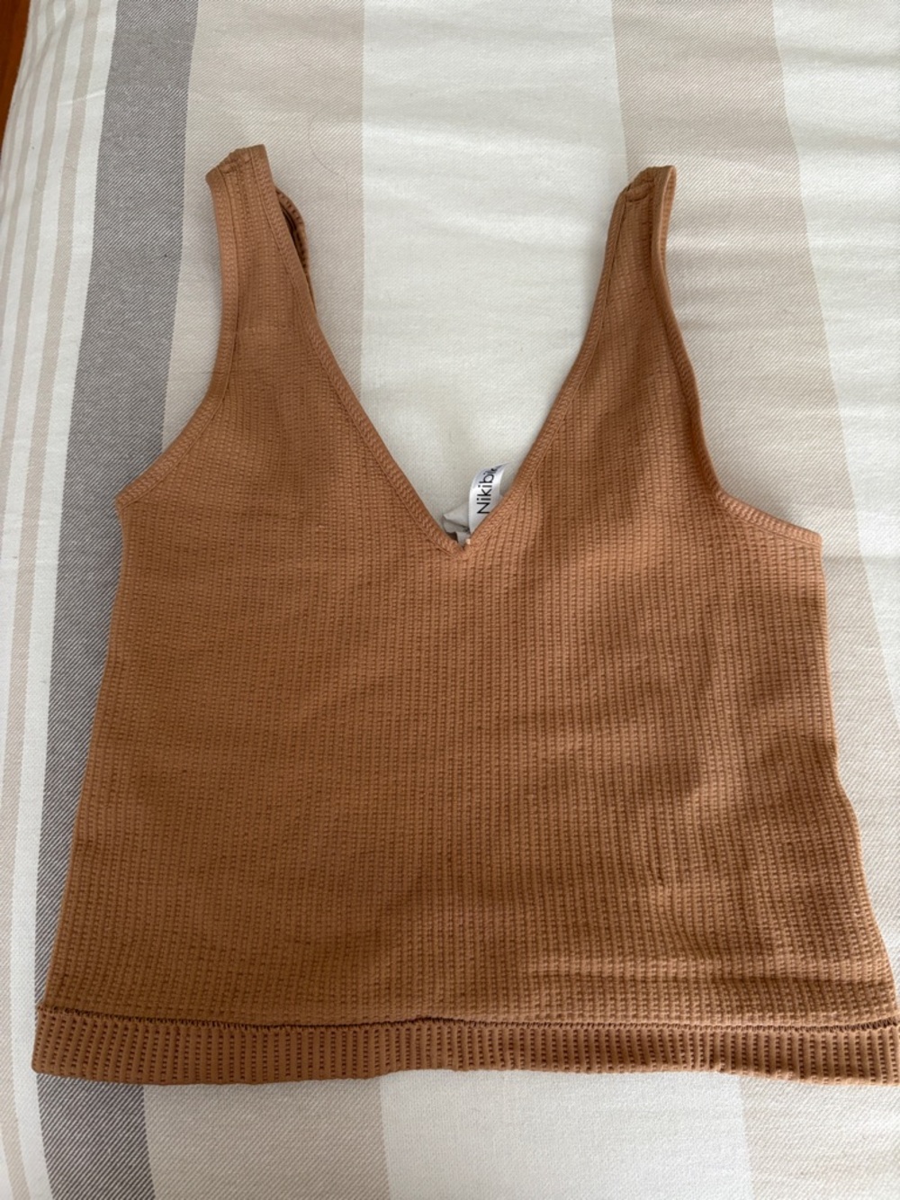 Nikibiki Ribbed V-Neck Crop Top in Camel Brown
